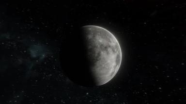 环绕着令人叹为观止的月球飞行，其火山口的质感孤立在星空之上。现实的3D月球视觉化，4k镜头